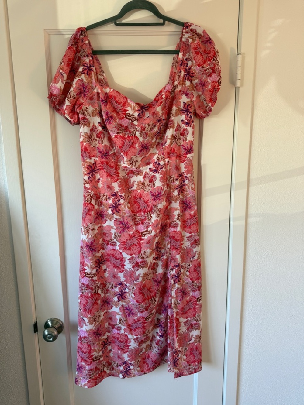 Azazie Pink Floral Puff Sleeve Midi Dress Tie Back Romantic Size L